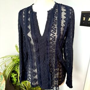 Rebecca Taylor Navy Sheer Silk Lace Split V-Neck Blouse size 2 Romantic Coquette